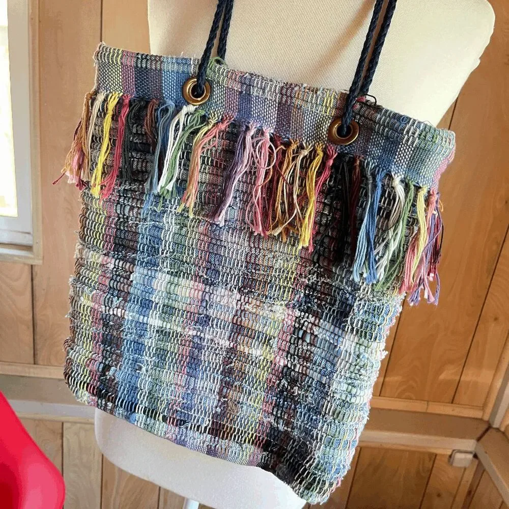 Handwoven Recycled Denim Tote Bag Boho Festival Market Upcycled Fringe Shoulder - Picture 8 of 11